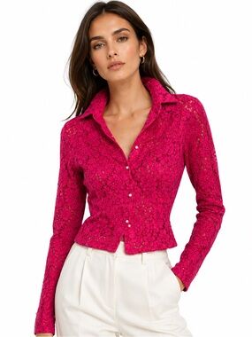 Zara Fuchsia Lace Button-Down Shirt